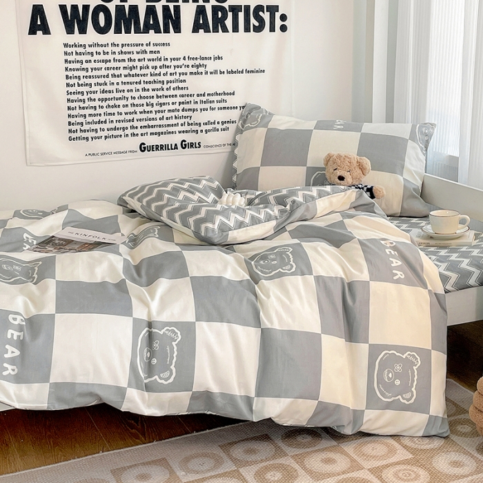 91家纺网 家纺一手货源 找家纺 昔可 2022新款开学季全棉卡通印花学生三件套 灰格熊