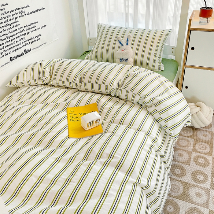 91家纺网 家纺一手货源 找家纺 昔可 2022新款开学季全棉卡通印花学生三件套 绿竖条