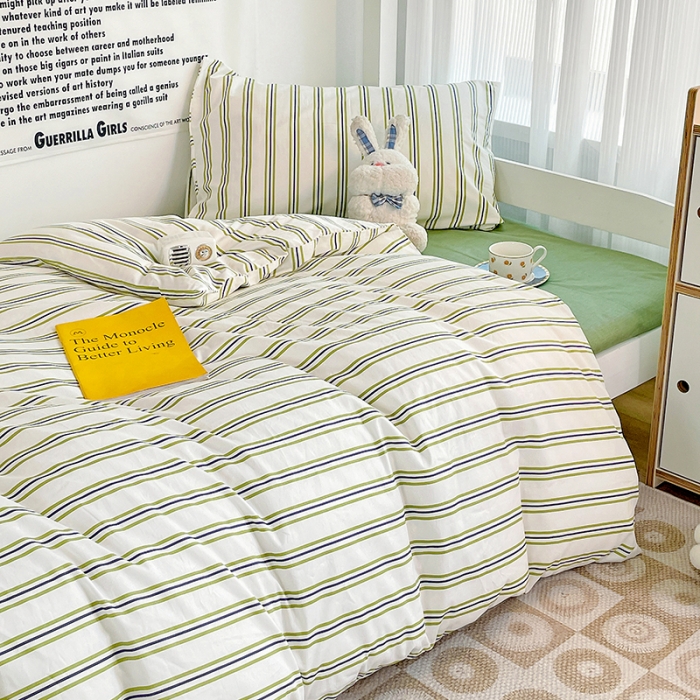 91家纺网 家纺一手货源 找家纺 昔可 2022新款开学季全棉卡通印花学生三件套 绿竖条