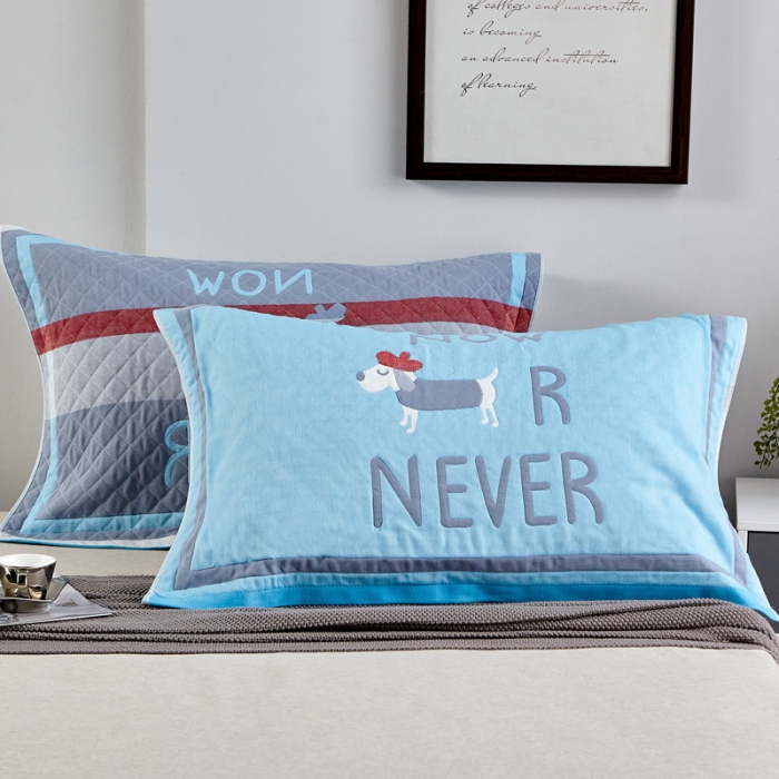 91家纺网 家纺一手货源 找家纺 朴尔2022新款年彩色糖果系列纯棉三层纱布枕巾（一对装） 调皮狗蓝