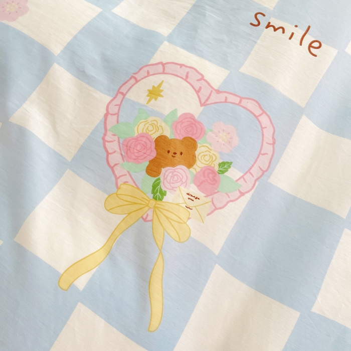 91家纺网 家纺一手货源 找家纺 昔可 2022新款开学季全棉卡通印花学生三件套 蓝格爱心熊