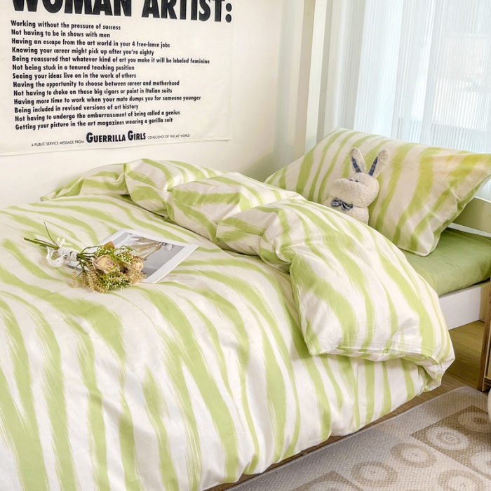 91家纺网 家纺一手货源 找家纺 昔可 2022新款开学季全棉卡通印花学生三件套 奶油绿豹纹