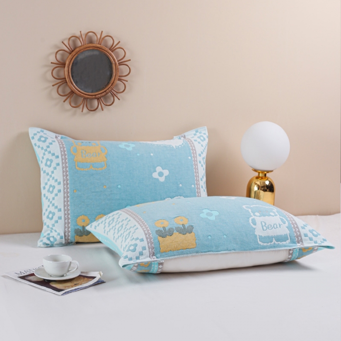 91家纺网 家纺一手货源 找家纺 朴尔2022新款防滑半包按扣固定式全棉四层纱布枕巾（一对装） 两只小熊兰