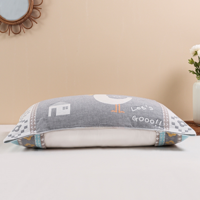 91家纺网 家纺一手货源 找家纺 朴尔2022新款防滑半包按扣固定式全棉四层纱布枕巾（一对装） 围脖萌鸡灰