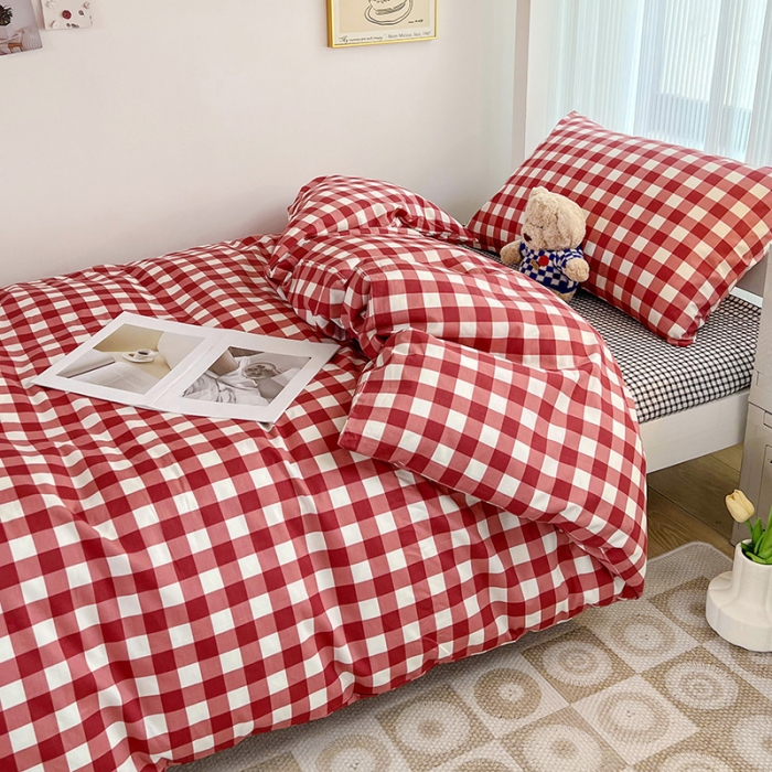 91家纺网 家纺一手货源 找家纺 昔可 2022新款开学季全棉卡通印花学生三件套 苏格兰红格