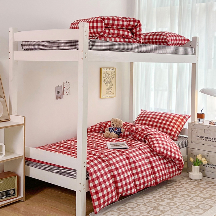 91家纺网 家纺一手货源 找家纺 昔可 2022新款开学季全棉卡通印花学生三件套 苏格兰红格