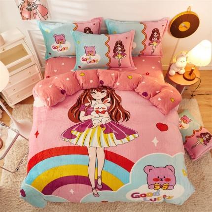 91家纺网 家纺一手货源 找家纺 2024新款卡通法莱绒牛奶绒珊瑚绒四件套升级版公主梦-升级款