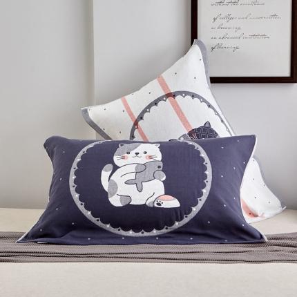 91家纺网 家纺一手货源 找家纺 朴尔2022新款朴尔纯色全棉三层定位枕巾（一对装） 幸运小猫墨兰