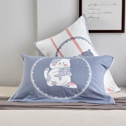 91家纺网 家纺一手货源 找家纺 朴尔2022新款朴尔纯色全棉三层定位枕巾（一对装） 幸运小猫浅蓝