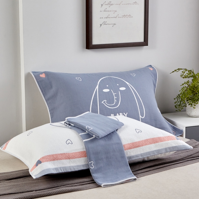 91家纺网 家纺一手货源 找家纺 朴尔2022新款朴尔纯色全棉三层定位枕巾（一对装） 呆萌小象浅蓝