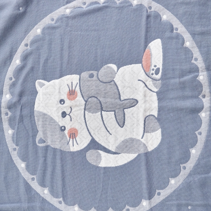 91家纺网 家纺一手货源 找家纺 朴尔2022新款朴尔纯色全棉三层定位枕巾（一对装） 幸运小猫浅蓝