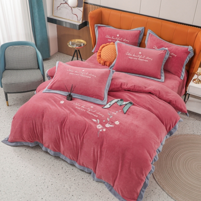 91家纺网 家纺一手货源 找家纺 优姿家纺 2022新款拼角10斤牛奶绒四件套 暗香-豆沙