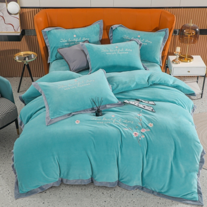 91家纺网 家纺一手货源 找家纺 优姿家纺 2022新款拼角10斤牛奶绒四件套 暗香-湖兰