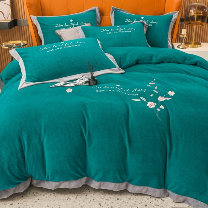 91家纺网 家纺一手货源 找家纺 优姿家纺 2022新款拼角10斤牛奶绒四件套 暗香-孔雀蓝