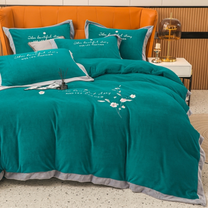 91家纺网 家纺一手货源 找家纺 优姿家纺 2022新款拼角10斤牛奶绒四件套 暗香-孔雀蓝