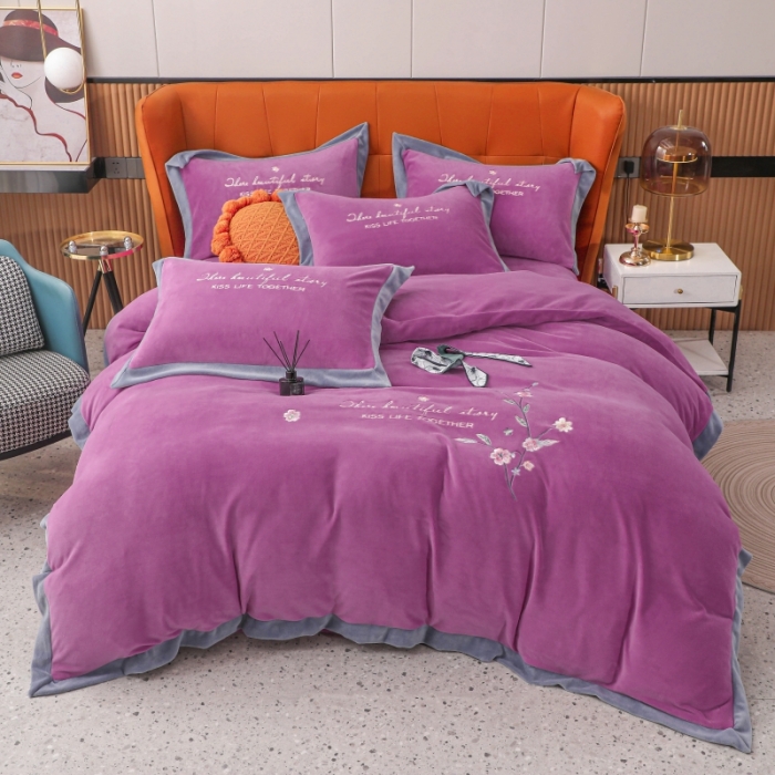 91家纺网 家纺一手货源 找家纺 优姿家纺 2022新款拼角10斤牛奶绒四件套 暗香-千代紫