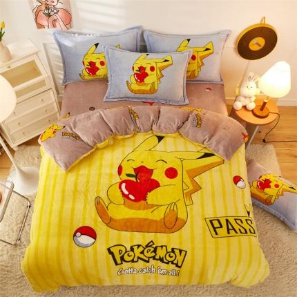 91家纺网 家纺一手货源 找家纺 2024新款卡通法莱绒牛奶绒珊瑚绒四件套升级版贪吃皮卡升级款