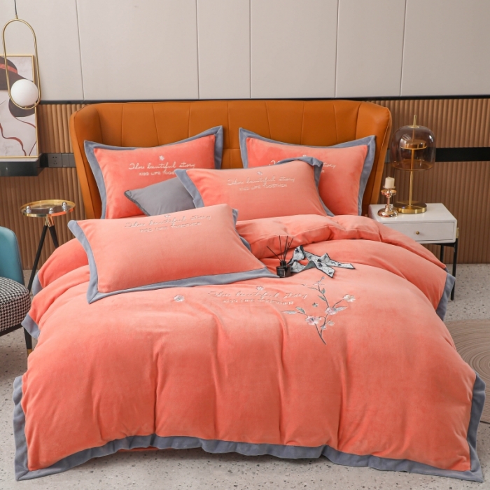 91家纺网 家纺一手货源 找家纺 优姿家纺 2022新款拼角10斤牛奶绒四件套 暗香-香妃桔