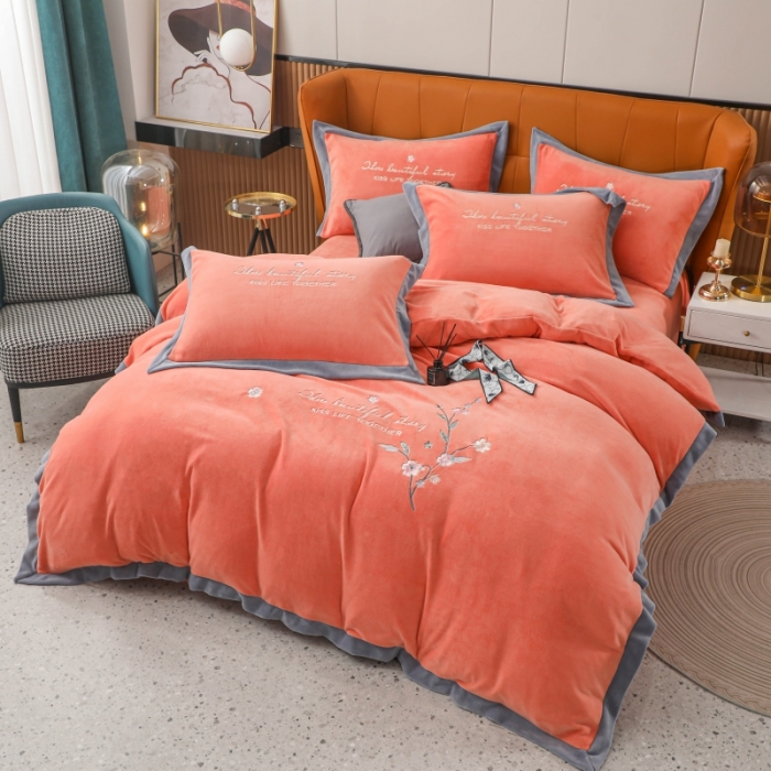 91家纺网 家纺一手货源 找家纺 优姿家纺 2022新款拼角10斤牛奶绒四件套 暗香-香妃桔