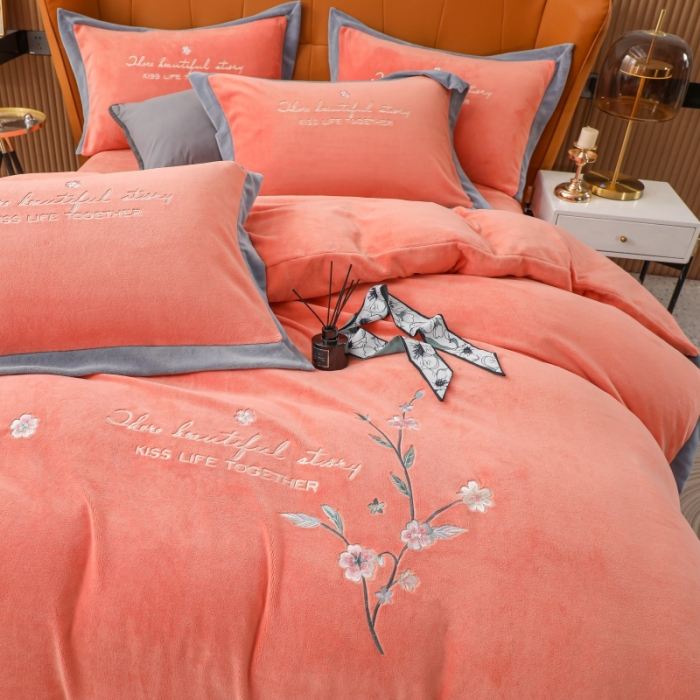 91家纺网 家纺一手货源 找家纺 优姿家纺 2022新款拼角10斤牛奶绒四件套 暗香-香妃桔