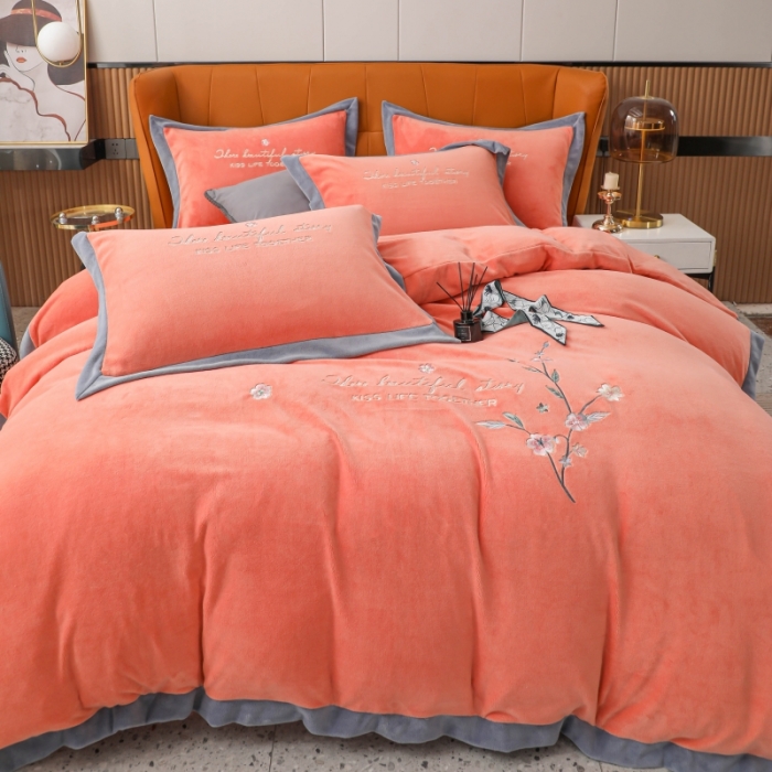 91家纺网 家纺一手货源 找家纺 优姿家纺 2022新款拼角10斤牛奶绒四件套 暗香-香妃桔