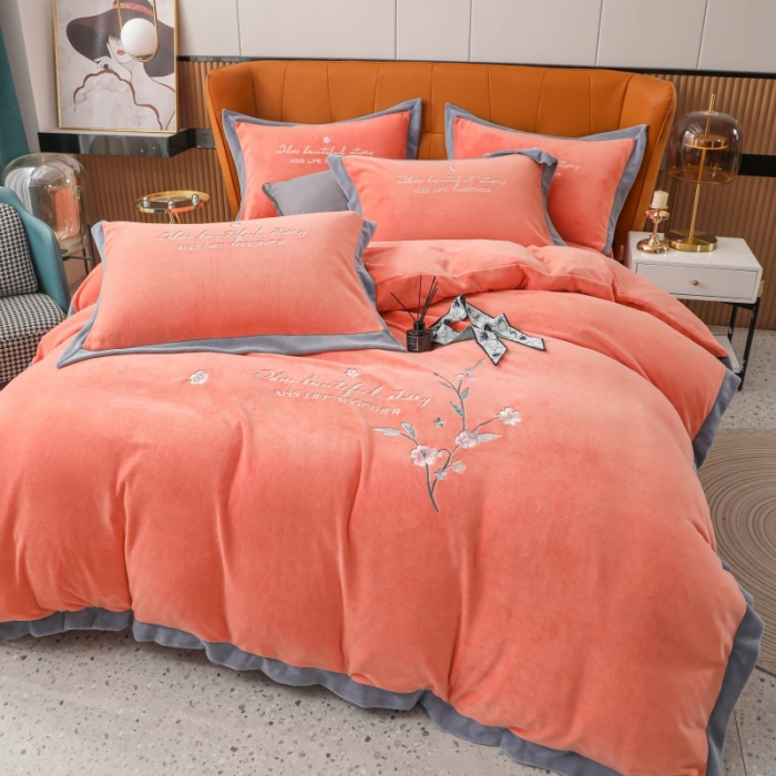 91家纺网 家纺一手货源 找家纺 优姿家纺 2022新款拼角10斤牛奶绒四件套 暗香-香妃桔