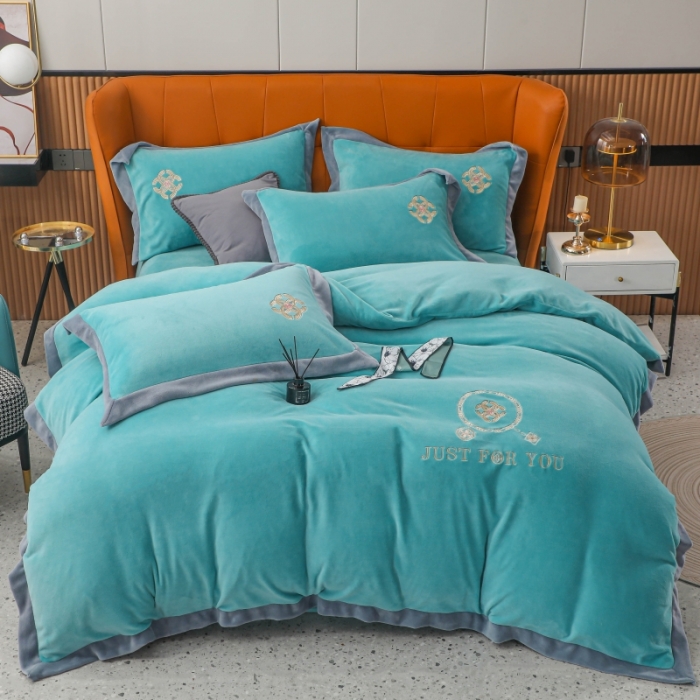 91家纺网 家纺一手货源 找家纺 优姿家纺 2022新款拼角10斤牛奶绒四件套 相约时尚-湖兰