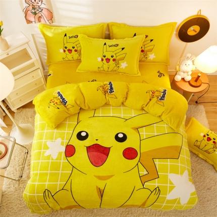 91家纺网 家纺一手货源 找家纺 2024新款卡通法莱绒牛奶绒珊瑚绒四件套升级版星星皮卡升级款