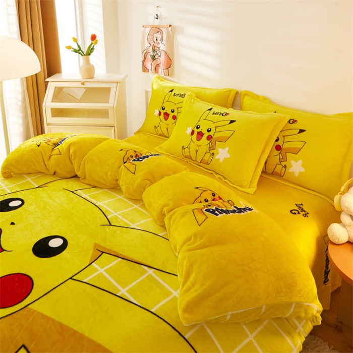 91家纺网 家纺一手货源 找家纺 2024新款卡通法莱绒牛奶绒珊瑚绒四件套升级版星星皮卡升级款