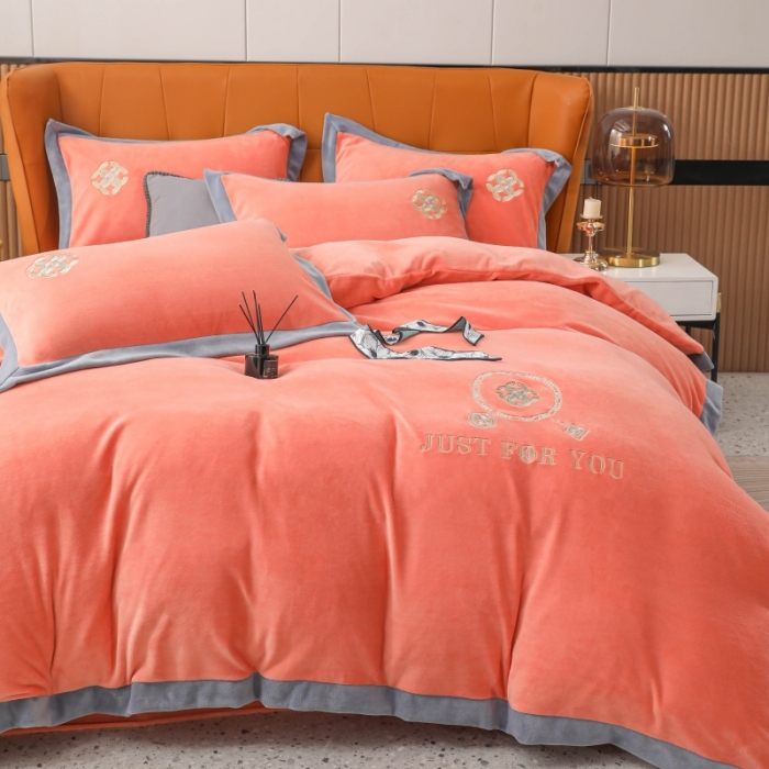 91家纺网 家纺一手货源 找家纺 优姿家纺 2022新款拼角10斤牛奶绒四件套 相约时尚-香妃桔