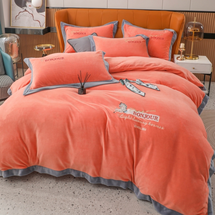 91家纺网 家纺一手货源 找家纺 优姿家纺 2022新款拼角10斤牛奶绒四件套 重温经典-香妃桔