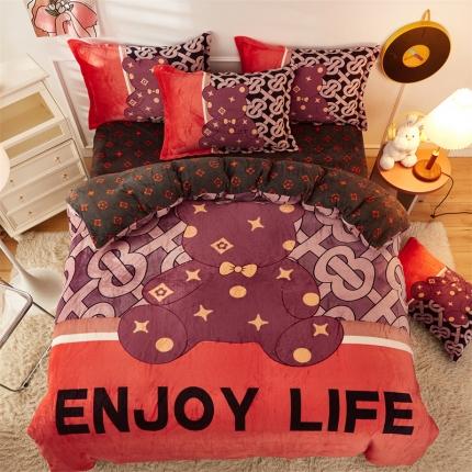 91家纺网 家纺一手货源 找家纺 2024新款卡通法莱绒牛奶绒珊瑚绒四件套升级版幸运熊-升级款