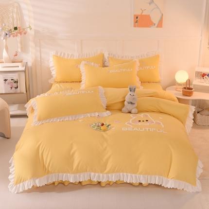 91家纺网 家纺一手货源 找家纺 梦之岛2022韩版宝贝兔系列毛巾绣四件套 宝贝兔-浅黄