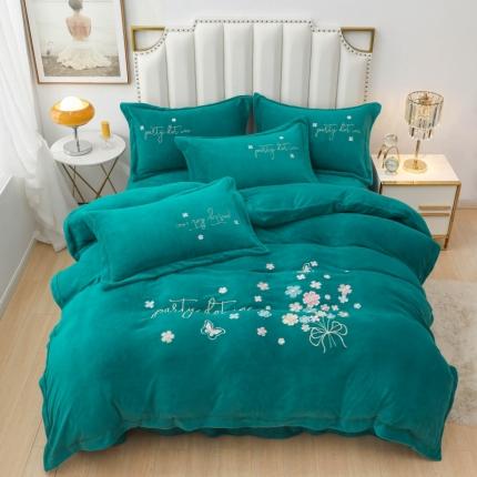 优姿家纺 2022新款宽边10斤牛奶绒四件套 蝶舞花开-孔雀蓝