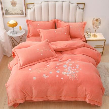 优姿家纺 2022新款宽边10斤牛奶绒四件套 蝶舞花开-香妃桔