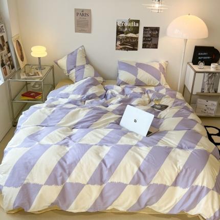 91家纺网 家纺一手货源 找家纺 昔可家纺 2022新款简约几何北欧风全棉四件套 布鲁罗曼 紫