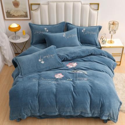 优姿家纺 2022新款宽边10斤牛奶绒四件套 荷塘月色-宝石蓝