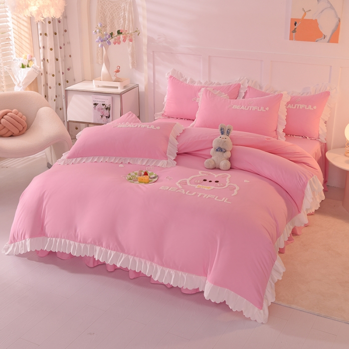 91家纺网 家纺一手货源 找家纺 梦之岛2022韩版宝贝兔系列毛巾绣四件套 宝贝兔-粉