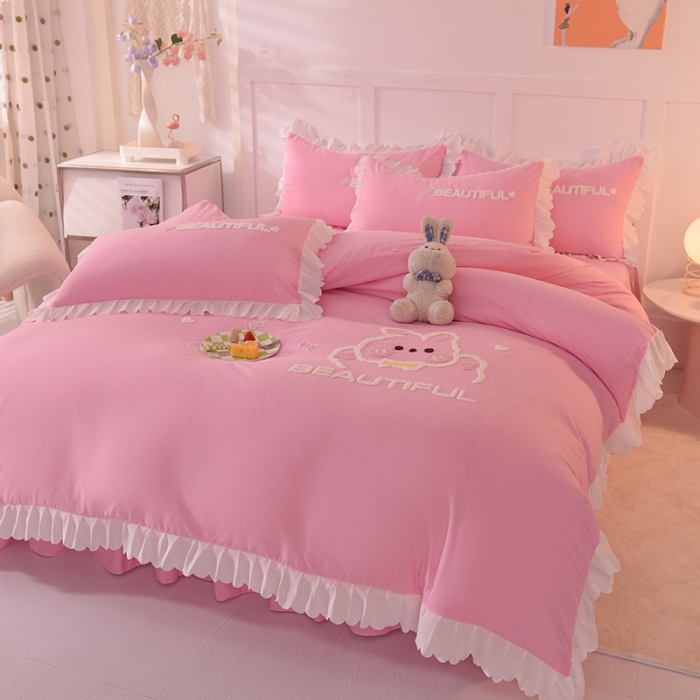 91家纺网 家纺一手货源 找家纺 梦之岛2022韩版宝贝兔系列毛巾绣四件套 宝贝兔-粉