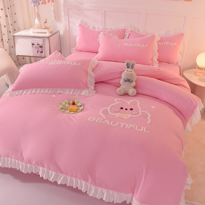 91家纺网 家纺一手货源 找家纺 梦之岛2022韩版宝贝兔系列毛巾绣四件套 宝贝兔-粉