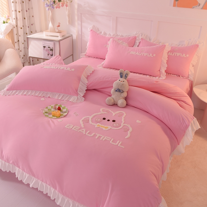 91家纺网 家纺一手货源 找家纺 梦之岛2022韩版宝贝兔系列毛巾绣四件套 宝贝兔-粉