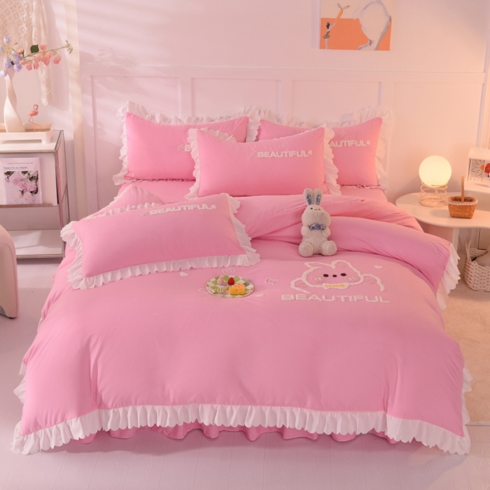 91家纺网 家纺一手货源 找家纺 梦之岛2022韩版宝贝兔系列毛巾绣四件套 宝贝兔-粉