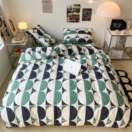 91家纺网 家纺一手货源 找家纺 昔可家纺 2022新款简约几何北欧风全棉四件套 绿色拼接圈