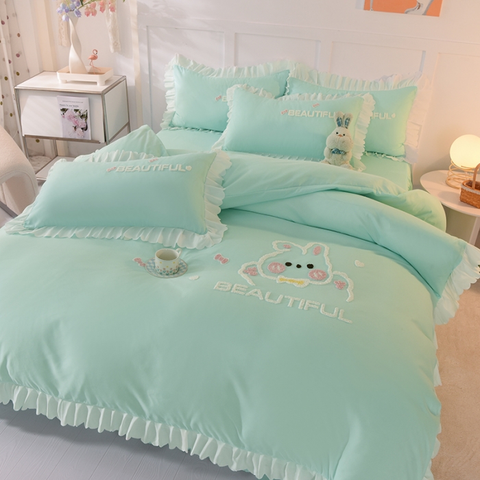 91家纺网 家纺一手货源 找家纺 梦之岛2022韩版宝贝兔系列毛巾绣四件套 宝贝兔-绿