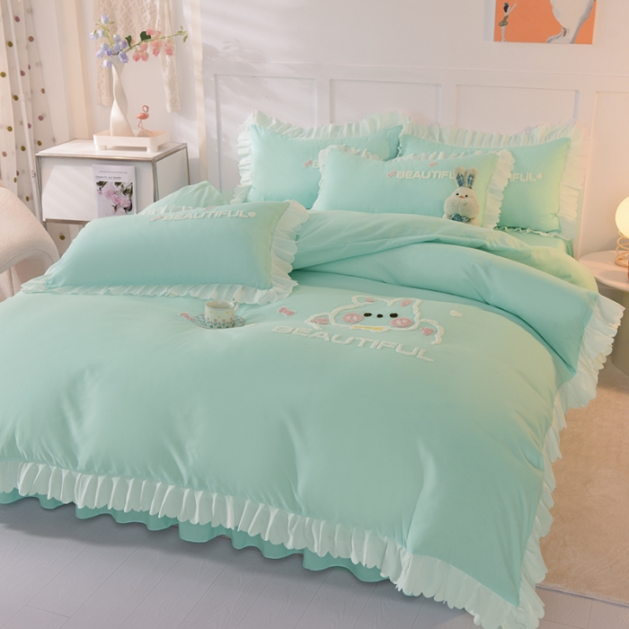 91家纺网 家纺一手货源 找家纺 梦之岛2022韩版宝贝兔系列毛巾绣四件套 宝贝兔-绿