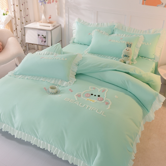 91家纺网 家纺一手货源 找家纺 梦之岛2022韩版宝贝兔系列毛巾绣四件套 宝贝兔-绿