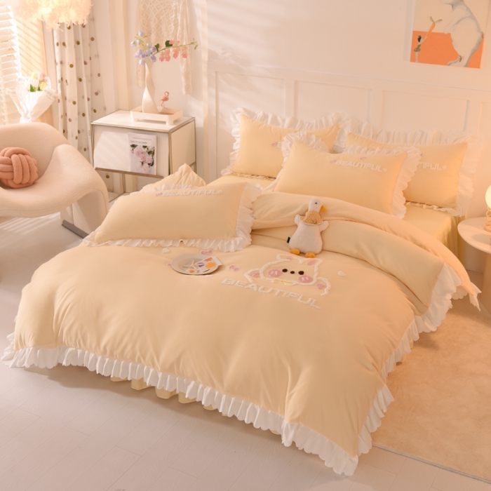 91家纺网 家纺一手货源 找家纺 梦之岛2022韩版宝贝兔系列毛巾绣四件套 宝贝兔-奶黄