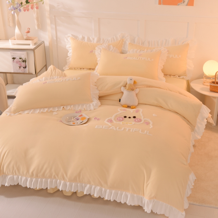 91家纺网 家纺一手货源 找家纺 梦之岛2022韩版宝贝兔系列毛巾绣四件套 宝贝兔-奶黄