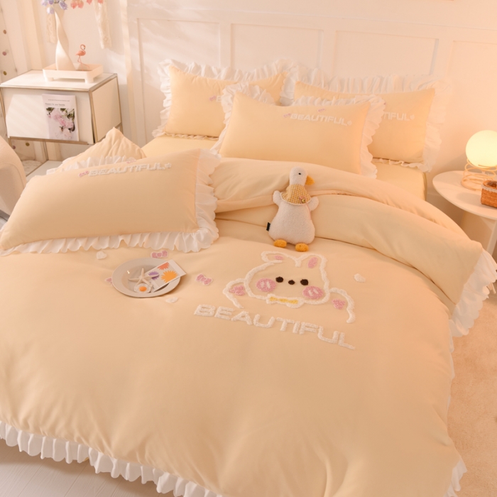 91家纺网 家纺一手货源 找家纺 梦之岛2022韩版宝贝兔系列毛巾绣四件套 宝贝兔-奶黄