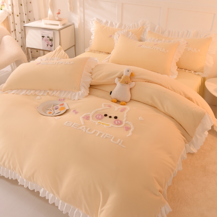 91家纺网 家纺一手货源 找家纺 梦之岛2022韩版宝贝兔系列毛巾绣四件套 宝贝兔-奶黄